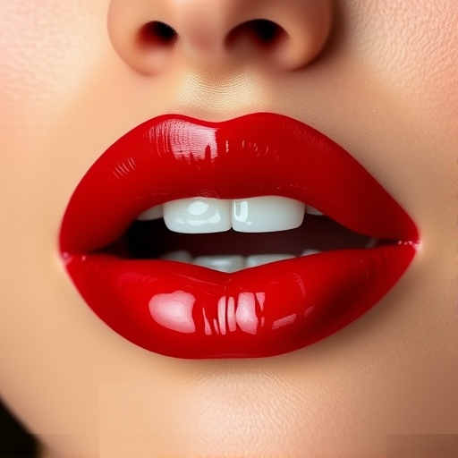 Glossy cherry red lips with a vinyl-like shine, bold and classic, reminiscent of old Hollywood glamour and timeless beauty