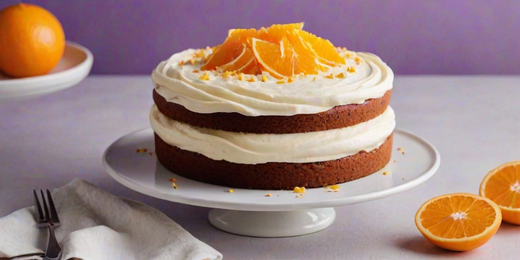 Generate an image of a round cake with a smooth cream cheese frosting on top, garnished with orange zest. The cake should have a light, moist texture and be presented on a simple white plate against a soft purple background.