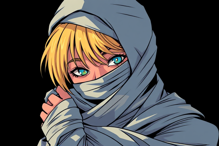 Create a stylized illustration of a person wrapped in bandages, revealing a blonde-haired face peeking through, set against a dark background, captured with a high-resolution digital camera, 50mm lens, f/2.8 aperture, in a vibrant color style with sharp focus and soft bokeh effect.