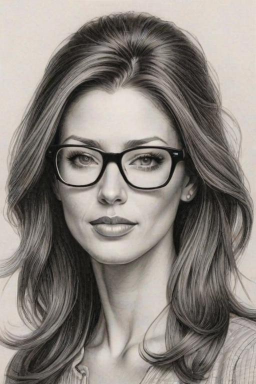 Captivating Shannon Elizabeth, pencil sketch, portrait of Superb woman 1972s in glasses, hair style beatnik, outline, clear lines, fine lines, 8k