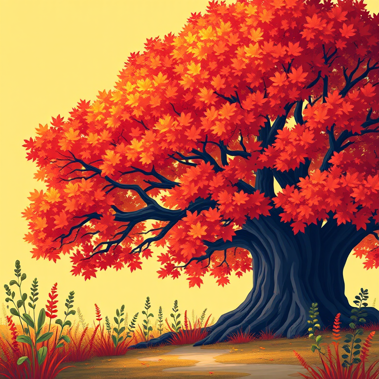 Create a vibrant, stylized illustration of a large tree with colorful autumn leaves against a soft yellow background, focusing on the intricate details of the foliage and surrounding plants, using a DSLR camera with a 50mm lens at f/2.8, ISO 100, and a slight vignette effect to enhance depth.