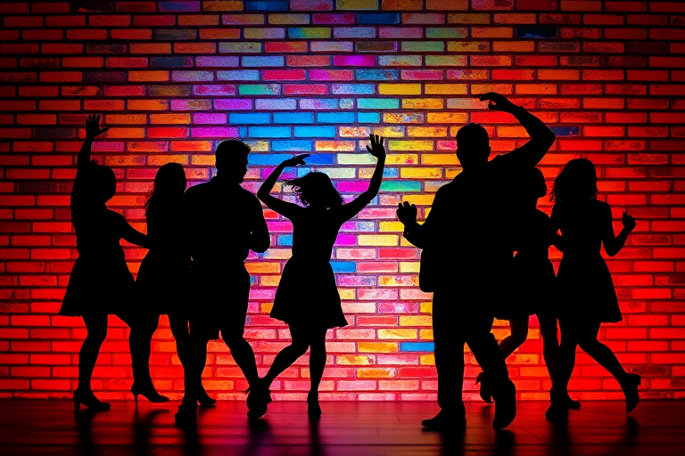silhouetted figures dancing against a colorful brick wall, low-light setting, aperture f/4.0, shutter speed 1/60s, ISO 800, wide-angle lens, DSLR camera, vibrant colors and high contrast