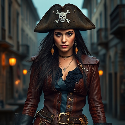 Create a portrait of a fierce female pirate. She wears a leather tricorn hat adorned with a skull and crossbones emblem, and her long, dark hair flows around her face. Her outfit consists of a richly detailed leather jacket, a corset, and multiple layers of belts and accessories, giving her a formidable and stylish appearance. She stands confidently in a dimly lit, historic port town, with a backdrop of weathered buildings and cobblestone streets, capturing the adventurous spirit of a pirate.