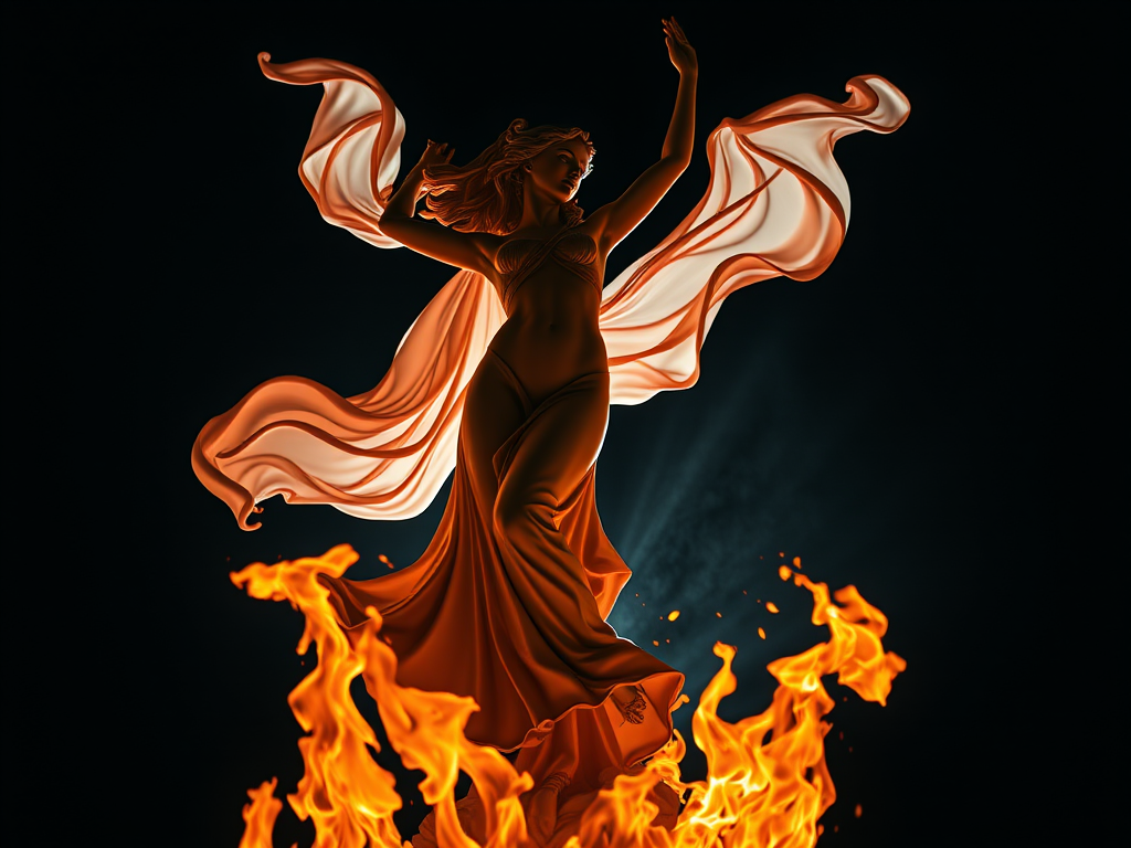 Sculpture of a graceful woman dancing with flowing drapery, surrounded by fiery flames, shot with a Canon EOS R5 at f/1.8, ISO 100, 50mm lens, in dramatic low light from a low angle to enhance details and depth.