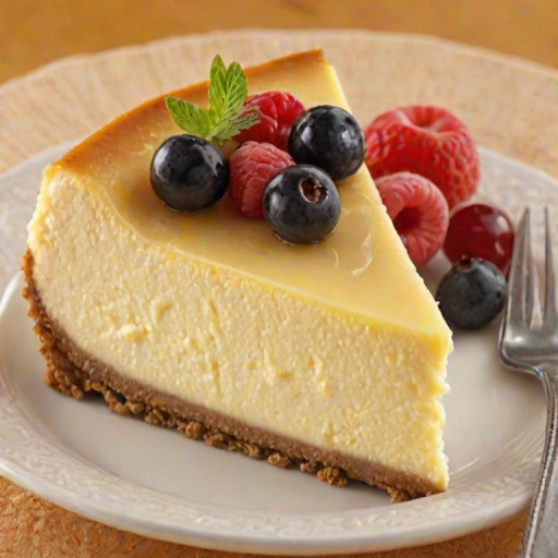 Generate an image of a delicious cheesecake with a smooth yellow topping and a graham cracker crust. The cheesecake should be adorned with white whipped cream swirls and a few pieces of fruit on top. A slice of the cheesecake should be cut out, revealing its creamy texture. The setting should be a simple plate or serving tray.