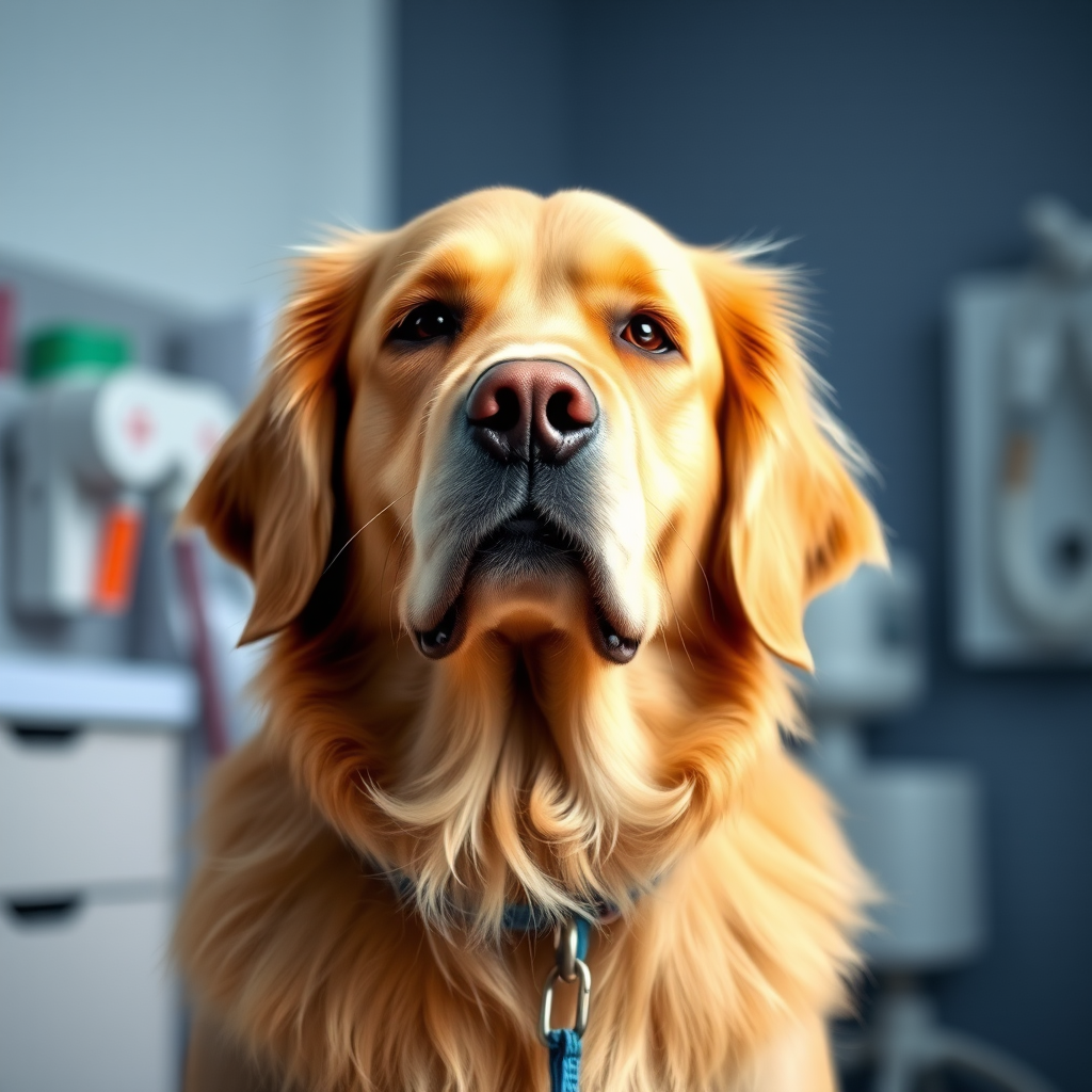 Generate an image of a golden retriever with a calm expression, standing in a veterinary clinic. The background should include soft lighting and hints of medical equipment. The dog should have a blue collar and be looking directly at the viewer.