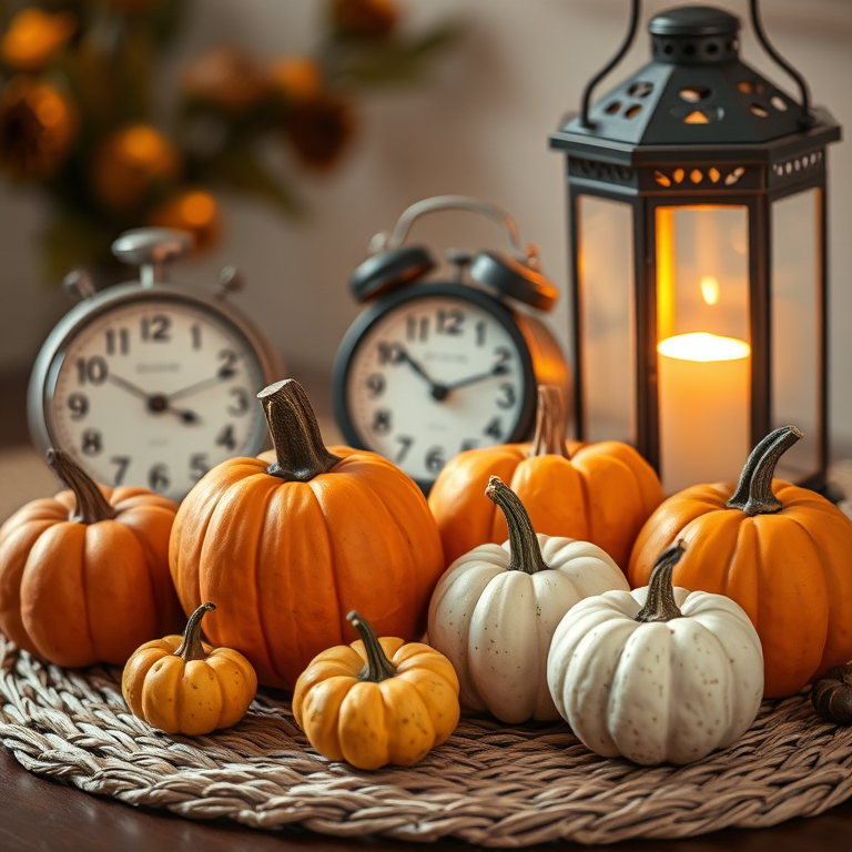 Still life composition of assorted pumpkins and vintage clocks on a woven mat, illuminated by a decorative lantern, warm lighting, depth of field, DSLR camera, 50mm lens, f/2.8, ISO 200, shutter speed 1/60 sec, soft focus background.