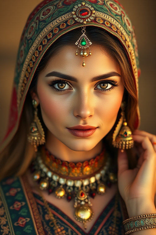 Create a portrait of a beautiful woman with striking hazel eyes and a gentle expression. She is adorned in traditional attire with intricate patterns, including a richly embroidered headscarf and matching garments. Her jewelry includes a delicate headpiece, dangling earrings, and ornate bracelets, all featuring vibrant gemstones and detailed metalwork. The background is soft and warm, enhancing the rich colors of her outfit and jewelry.