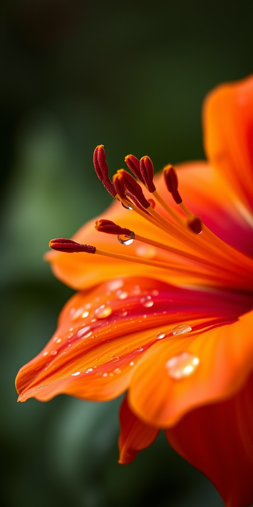 close-up of a vibrant orange and red flower with water droplets against a softly blurred background, shot with a Canon EOS R5, 50mm f/1.2 lens, aperture f/2.8, ISO 100, shutter speed 1/200s, natural light, shallow depth of field