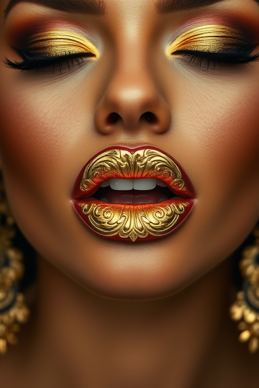 Luxurious woman lips embellished with 24-karat gold leaf accents, full face portrait radiating opulence and regal charm