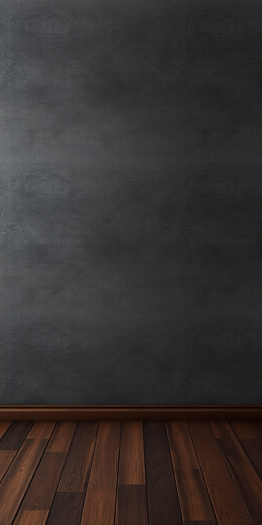 create a dark textured wall background with wooden floor, soft diffused lighting, camera type DSLR, aperture f/8, ISO 100, shutter speed 1/60s, focal length 35mm, wide-angle view, high resolution