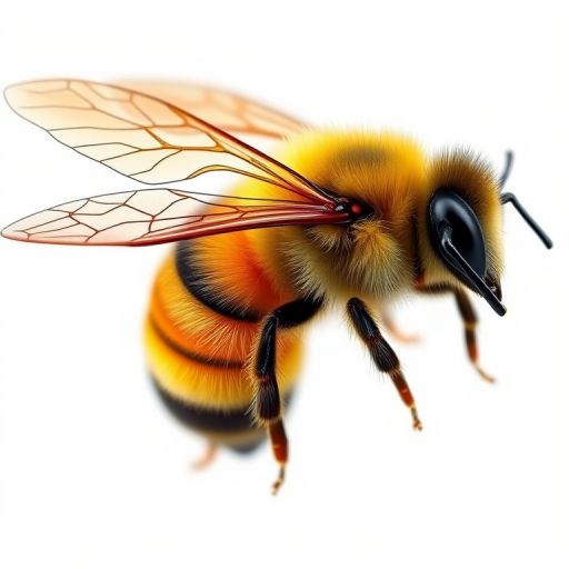 Create a detailed, high-resolution illustration of a bee with vibrant yellow and black stripes, showcasing intricate wing designs, soft gradients and shadows, using a macro lens at f/2.8 aperture, ISO 100, 1/200 sec shutter speed, in a bright, evenly lit studio setting.