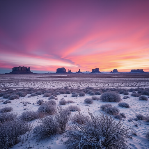 capture a serene winter landscape at dusk featuring snow-covered plains and distant mesas under a purple and orange sky, use a Canon EOS R5 with a 24-70mm lens at f/8, ISO 100, 1/125s, wide-angle view to enhance depth and detail in the foreground and background