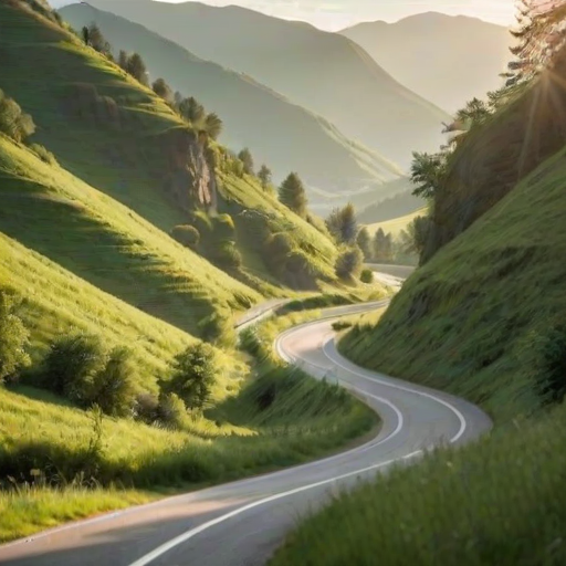 Soft-focus image of a scenic winding road through a lush green valley, soft sunlight filtering through the trees, with distant mountains softly hazy in the background.