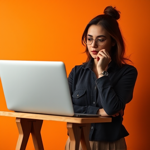A thoughtful woman looking at a laptop on a wooden stand against an orange backdrop, soft lighting, f/2.8 aperture, 50mm lens, ISO 100, shallow depth of field, portrait photography, DSLR camera.