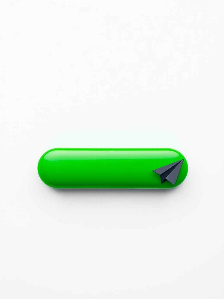 create a vibrant green button with a sleek oval shape and a black paper plane icon on the right, taken with a DSLR camera at f/2.8 aperture, ISO 100, 50mm lens, soft studio lighting for enhanced clarity and color saturation