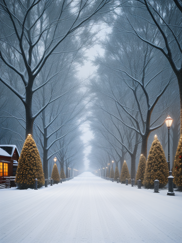 Winter Wonderland: A Tranquil Snowy Path Lined with Festive Trees