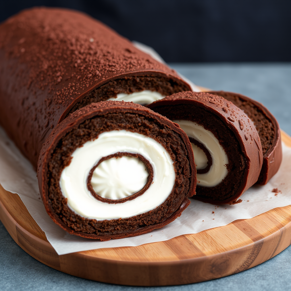 Chocolate roll cake with white cream filling sliced on a wooden board with parchment paper, showcasing a rich chocolate exterior and a spiral pattern of cream inside.