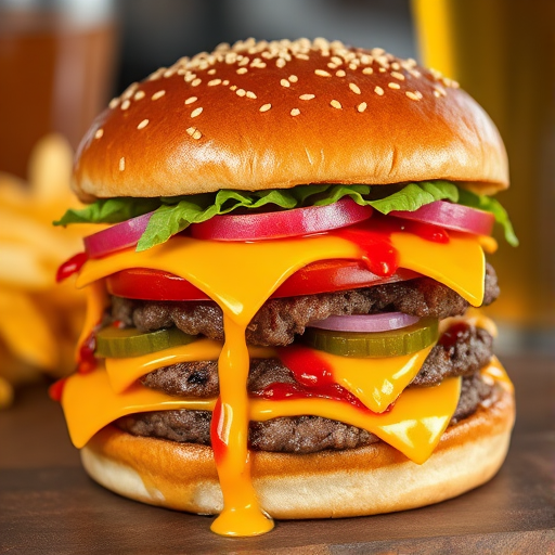 High-resolution, close-up image of a gourmet double cheeseburger. The burger features a glossy, sesame-seed-topped brioche bun. Inside, there are two thick, juicy beef patties, each topped with melted cheddar cheese. The burger is garnished with fresh lettuce, tomato slices, diced onions, and pickles. A generous amount of ketchup and a creamy, orange-colored sauce is dripping down the sides, adding to the mouth-watering appeal. In the background, there are blurred elements including a side of golden French fries and a hint of a beverage, enhancing the overall presentation of a delicious meal.