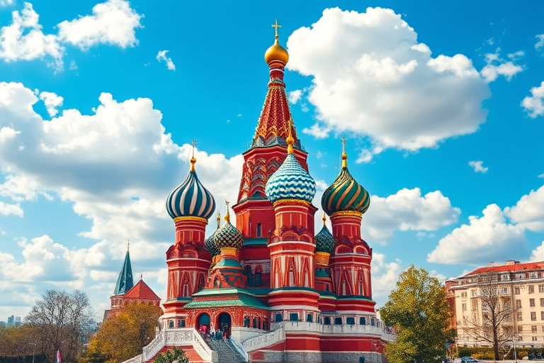 Regenerate an impressionistic image of St. Basil's Cathedral in Moscow under a vibrant blue sky with fluffy clouds, using a DSLR camera with a 50mm lens, aperture set to f/2.8, shutter speed at 1/200, and ISO 100 for high detail and clarity.