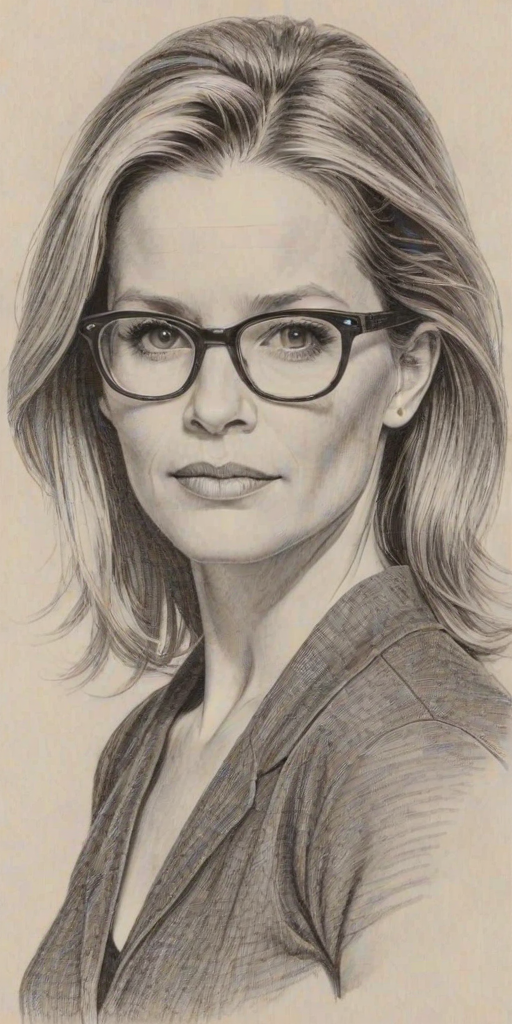 Beauteous Bridget Fonda, pencil sketch, portrait of Bewitching woman 1958s in glasses, hair style beatnik, outline, clear lines, fine lines, 8k