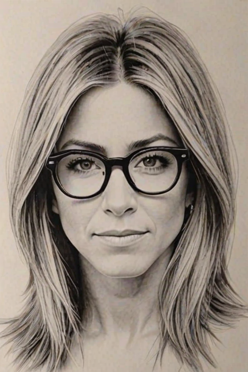 Sublime Jennifer Aniston, pencil sketch, portrait of Fascinating woman 1977s in glasses, hair style beatnik, outline, clear lines, fine lines, 8k