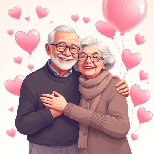 Create an illustration of an elderly couple embracing with smiles, surrounded by floating pink hearts and balloons, captured with a high-resolution digital camera at f/2.8 aperture, ISO 100, 50mm lens, soft focus style, and a warm color palette.