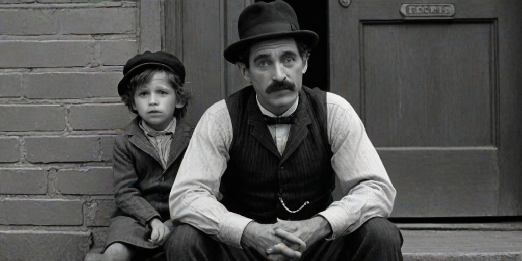 A black-and-white photograph of a man and a child sitting on steps in front of a doorway. The man is dressed as a tramp with a bowler hat, mustache, and ragged clothes, reminiscent of Charlie Chaplin's iconic look. He is sitting with his arms crossed and an expression of slight sadness or frustration. Next to him is a young boy, also in worn clothes and a cap, sitting with his hands clasped, looking thoughtful. The background is an old, textured wall and a partially open door, creating a vintage, early 20th-century atmosphere.