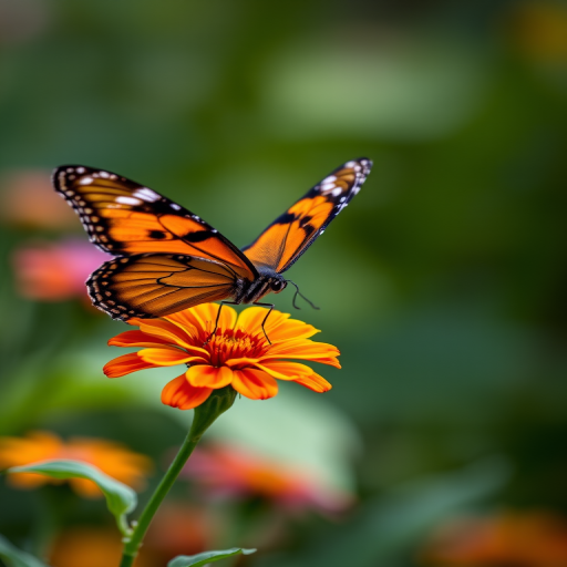 Generate an image of a butterfly with orange and black wings perched on a vibrant red and yellow flower, surrounded by a softly blurred background that enhances the colors of the butterfly and the flower.