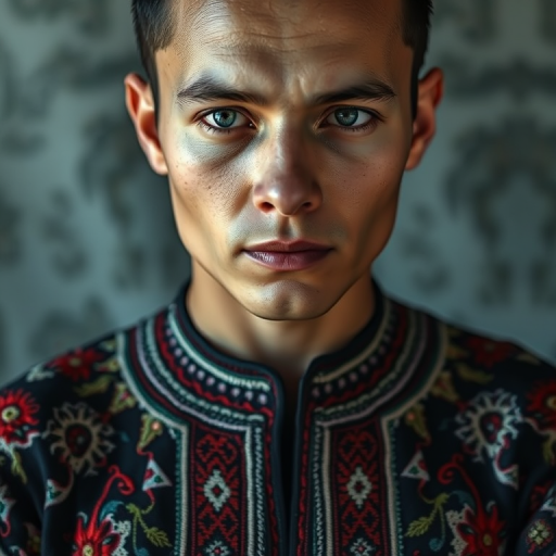 Face, shoulders, chest covered in openwork Tajik embroidery. Raw, unedited image.
