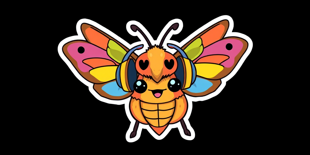 this image is sticker, Happy Colorful Moth wearing Headphones, kawaii, contour, vector, black background