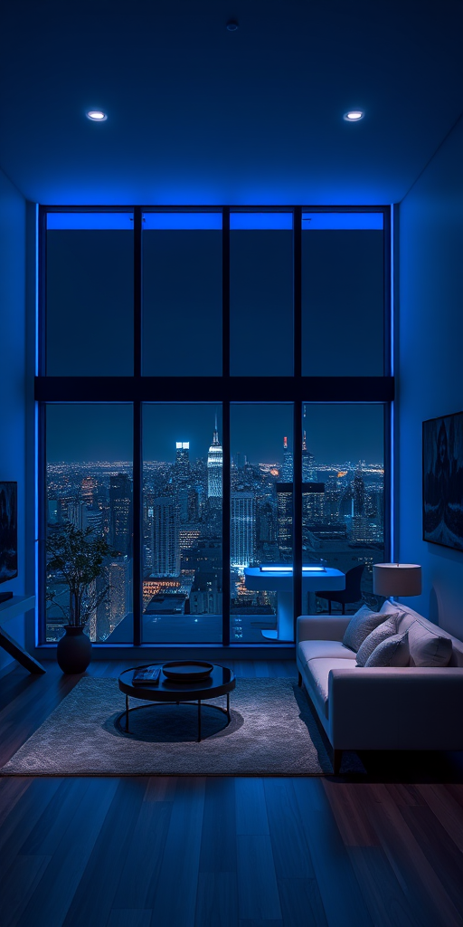 interior of a modern living room at night with blue ambient lighting, a large window showcasing a city skyline, cozy sofa, minimalist decor, captured using a DSLR camera, aperture f/2.8, ISO 400, shutter speed 1/60s, wide-angle lens, soft focus style