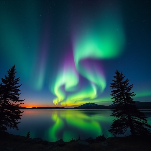 capture a stunning northern lights scene over a calm lake at dusk with vibrant green and purple auroras, using a DSLR camera with a 24mm lens, f/2.8 aperture, ISO 800, 15-second exposure, landscape orientation, set against silhouetted pine trees for contrast.