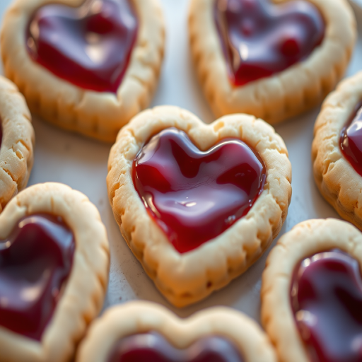 High-quality close-up shot of heart-shaped cookies with jam filling, natural soft lighting, f/2.8 aperture, 50mm lens, ISO 200, shallow depth of field, DSLR camera.