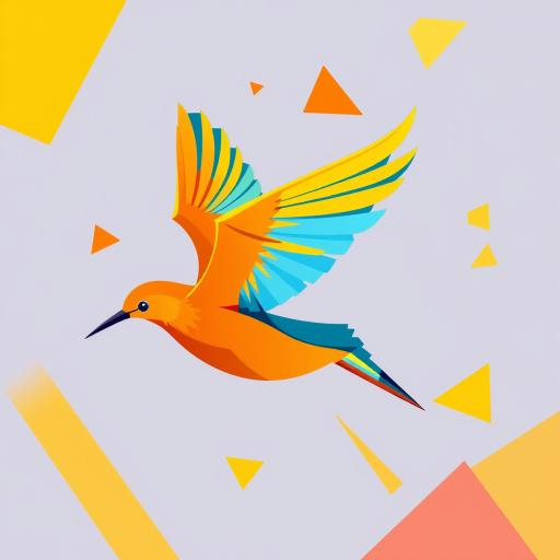 Create a vibrant digital illustration of a stylized bird in flight, using a blend of bright oranges, blues, and yellows, with dynamic geometric shapes in the background; shot using a DSLR camera with a 50mm lens at f/2.8, ISO 100, and a shallow depth of field, emphasizing sharpness and color contrast.