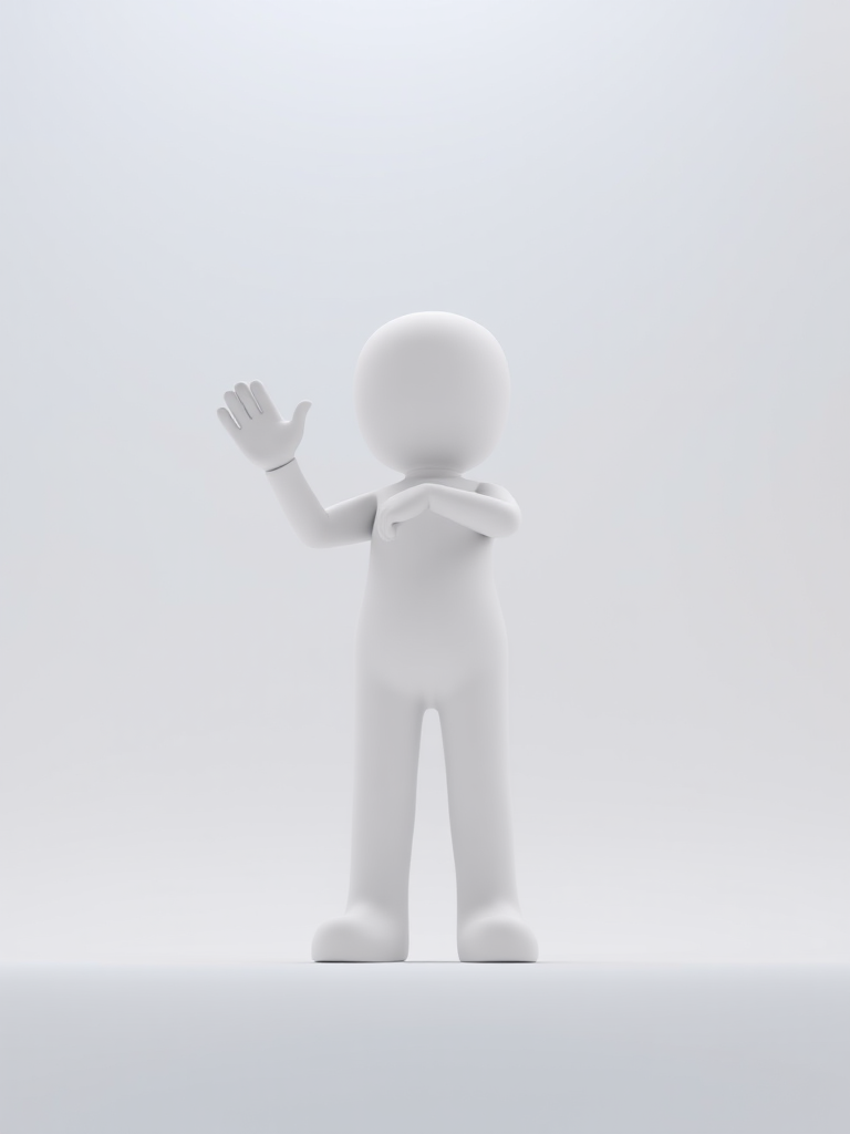 Create a 3D rendering of a simplistic white humanoid figure waving, using a 35mm lens, f/4 aperture, ISO 100, soft lighting, and a slight upward angle from a low perspective.