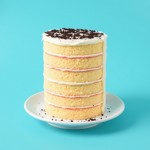 Create an image of a tall, layered cake with light yellow sponge layers and a creamy frosting. The cake should have a textured top sprinkled with chocolate crumbs. Place it on a simple white plate against a vibrant turquoise background.