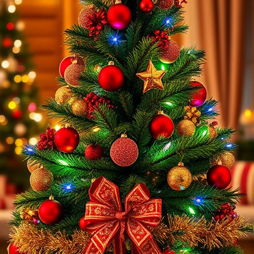 Create a vibrant and festive image of a Christmas tree decorated with colorful lights and a variety of ornaments. The tree should be lush and green, adorned with red baubles, golden accents, and shimmering tinsel. The background should have a warm glow, enhancing the cheerful holiday atmosphere.