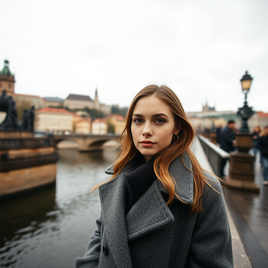 cinematic photo from above, waist up shot, sharp focus, a beautiful woman in foreground, in Prague, at the Charles Bridge, river in background, overcast rainy day, wearing long grey wool coat, warm rich color palette