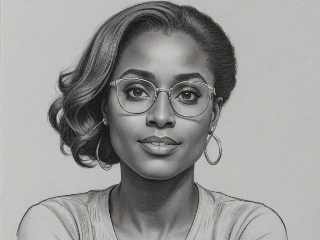 Wonderful Issa Rae, pencil sketch, portrait of Lovely woman 1957s in glasses, hair style beatnik, outline, clear lines, fine lines, 8k