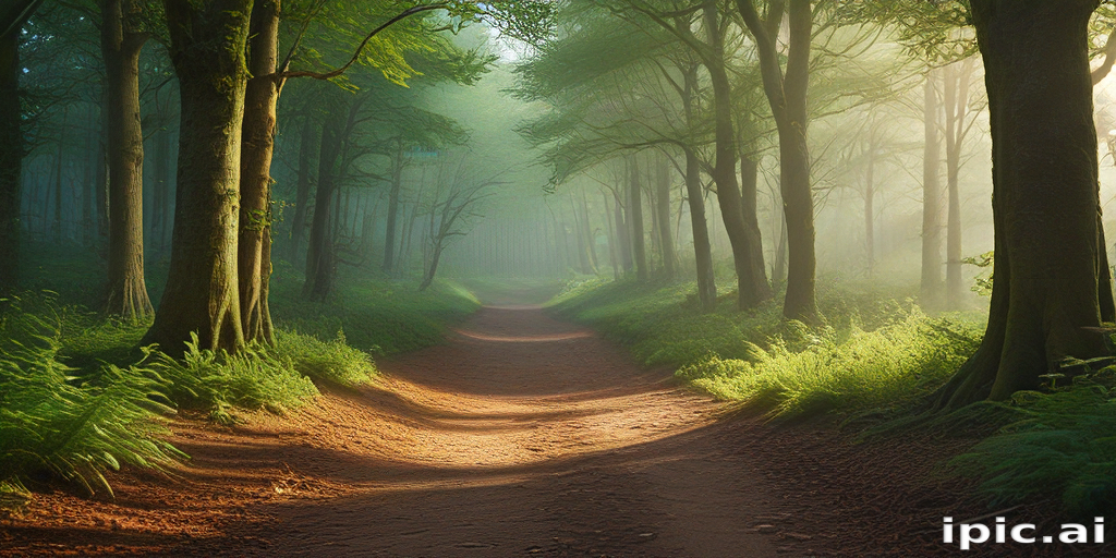 Serene Forest Pathway Bathed in Soft Morning Light and Mist