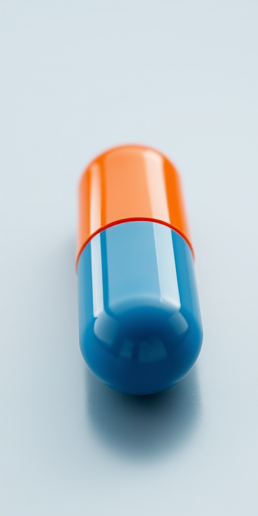 Generate a high-resolution image of a capsule with a glossy surface, featuring a blue and orange color scheme, taken with a Canon EOS 5D Mark IV, 50mm f/1.8 lens, f/2.8 aperture, ISO 100, natural lighting, and a shallow depth of field.