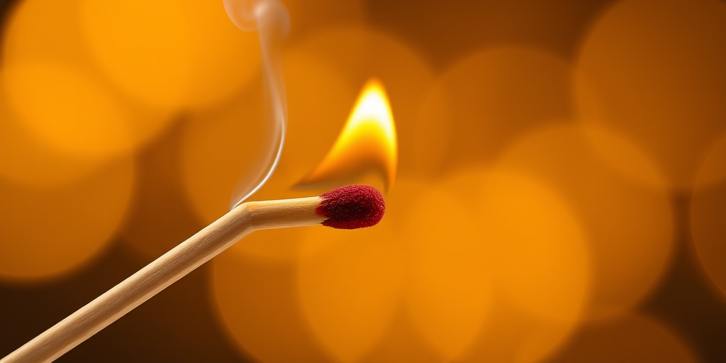 Capture a close-up of a lit matchstick with a vibrant flame and smoke against a blurred, shimmering golden background, using a DSLR camera at f/2.8, ISO 100, 1/200 sec, in macro mode with a shallow depth of field.
