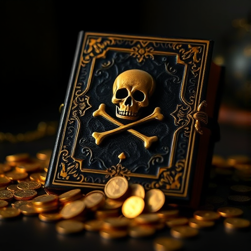 a still-life composition featuring an ornate book with a skull and crossbones motif on a bed of golden coins, shot at f/2.8 aperture, 50mm lens, ISO 100, in a dimly lit environment to enhance shadows and highlights with a shallow depth of field, using a DSLR camera for crisp detail and texture.