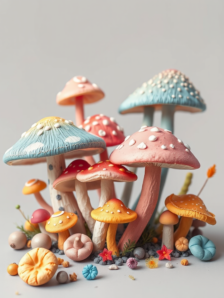 Create a vibrant illustration of various whimsical mushrooms in pastel colors with intricate details, set against a soft gray background, using a Canon EOS R5 camera, 50mm lens, f/2.8 aperture, ISO 100, with a slight shallow depth of field to enhance the colors and textures.