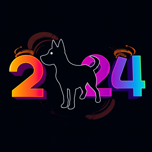 Create a vibrant digital illustration of the year 2024 with a playful dog silhouette in the center, designed in bold colors and dynamic gradients, ensure it has a dark background, use a high-resolution setting of 300 DPI, with a DSLR camera style, 50mm lens, and a focus on sharpness and clarity to enhance overall image quality.