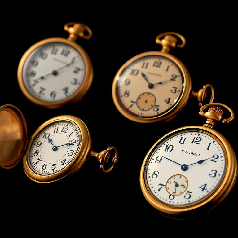 Create a high-resolution image of four vintage pocket watches in motion with a black background, using a DSLR camera with a 50mm lens, f/1.8 aperture, ISO 100, and a shutter speed of 1/60 seconds, capturing the elegance and detail of the watches while emphasizing their golden tones and intricate designs.
