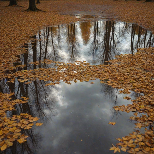 trees reflecting in a puddle of water mirror of trees, a cloudy sky with golden light, low grip, autumn atmosphere, dead leaves in the puddle, 4k