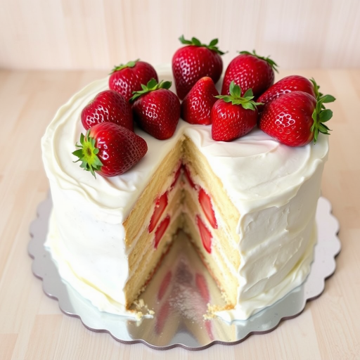 A delicious vanilla cake with fresh strawberries on top and inside, covered in creamy frosting, with a slice cut out revealing the strawberries and frosting layers, placed on a silver cake board with a light wooden background.