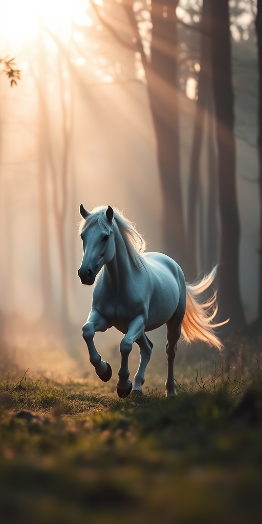 Create an ethereal scene of a majestic unicorn running through a misty forest at dawn, using a DSLR camera with a 50mm lens, aperture set at f/1.8 for a shallow depth of field, ISO 100, and a shutter speed of 1/200s, capturing soft sunlight filtering through the trees for a magical effect.